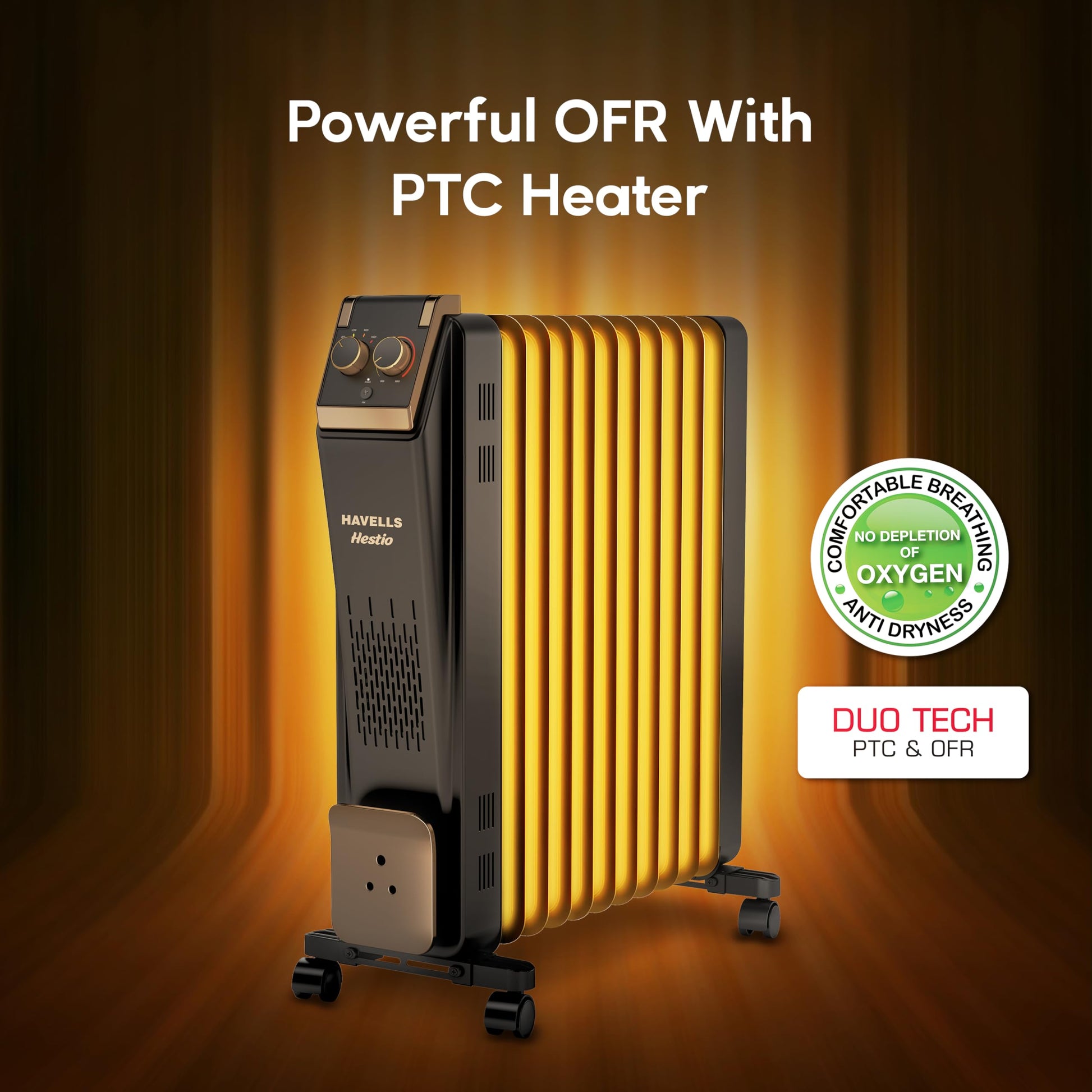 Havells 11 Fin Hestio Straight Fin OFR (Oil Filled Radiator)|Room Heater|2900 W|3 Heat Settings & PTC Fan Heater|Inclined Control Panel|Retractable Wheels| Comfortable Breathing|360° Heating (Black) 