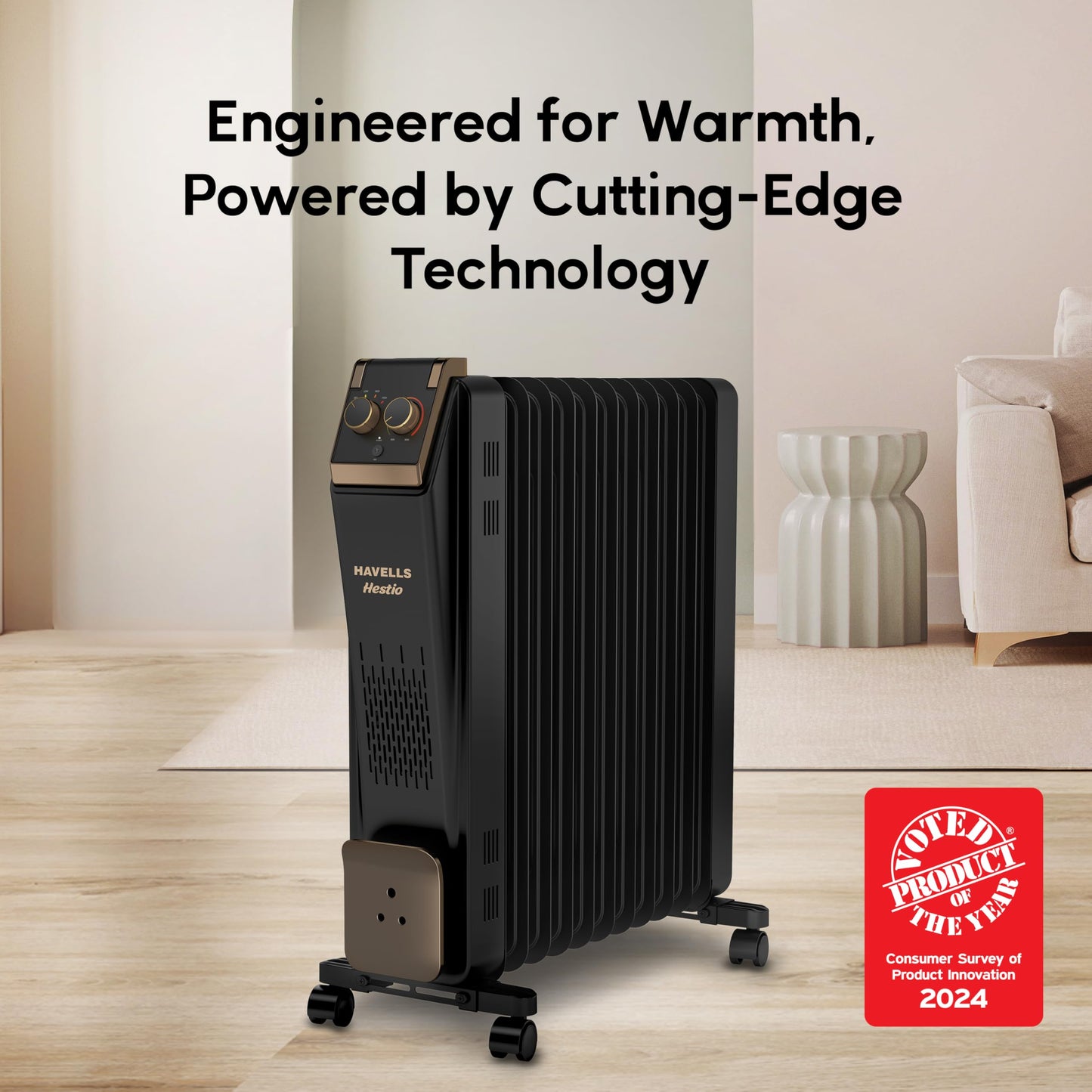 Havells 11 Fin Hestio Straight Fin OFR (Oil Filled Radiator)|Room Heater|2900 W|3 Heat Settings & PTC Fan Heater|Inclined Control Panel|Retractable Wheels| Comfortable Breathing|360° Heating (Black) 