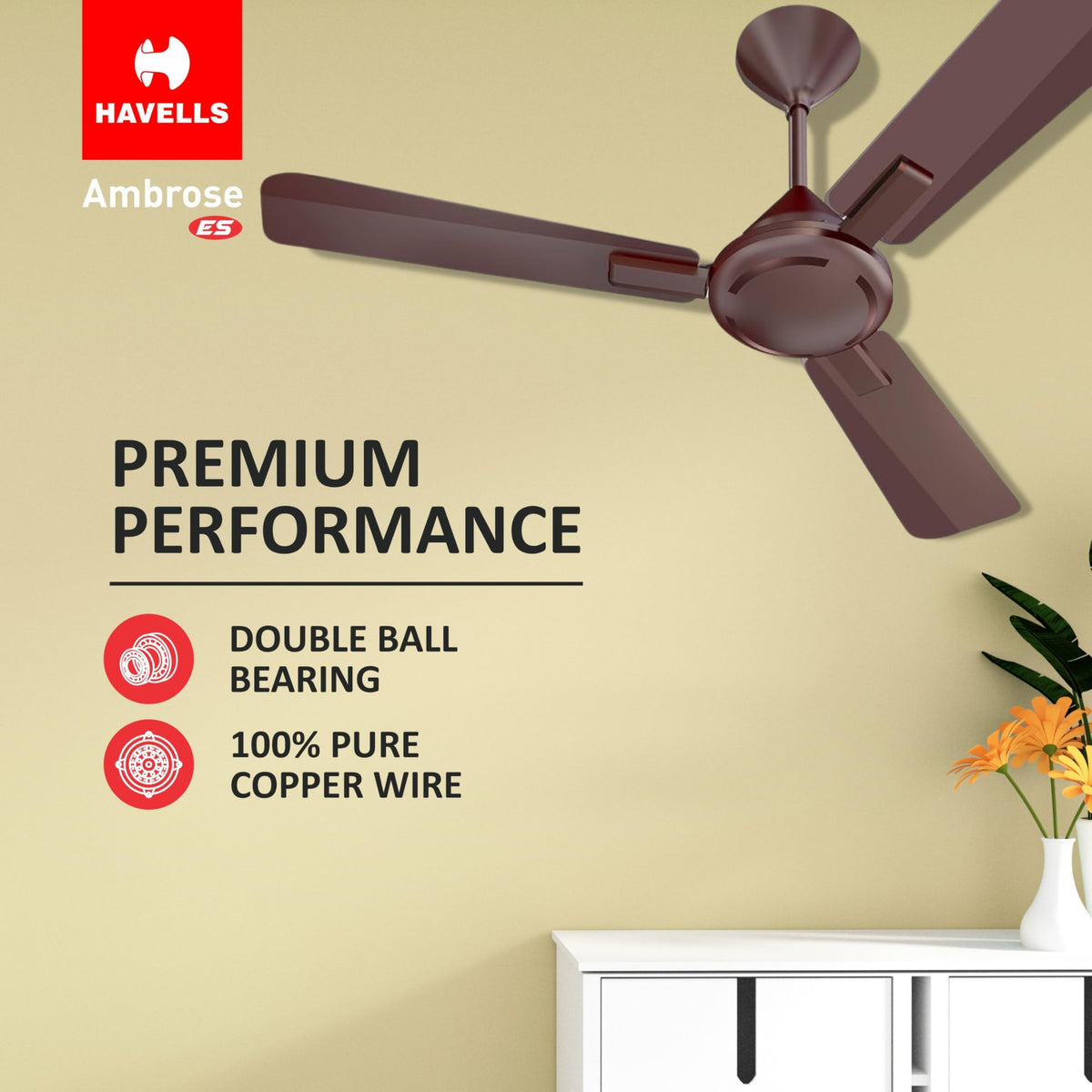 Havells 1200mm Ambrose ES Ceiling Fan|Premium Finish, Deco. Fan, Elegant Looks, High Air Delivery, Energy Saving, 100% Pure Copper Motor|2 Year Warranty by Brand (Pack of 1, Cola Espresso Brown)1 Star 