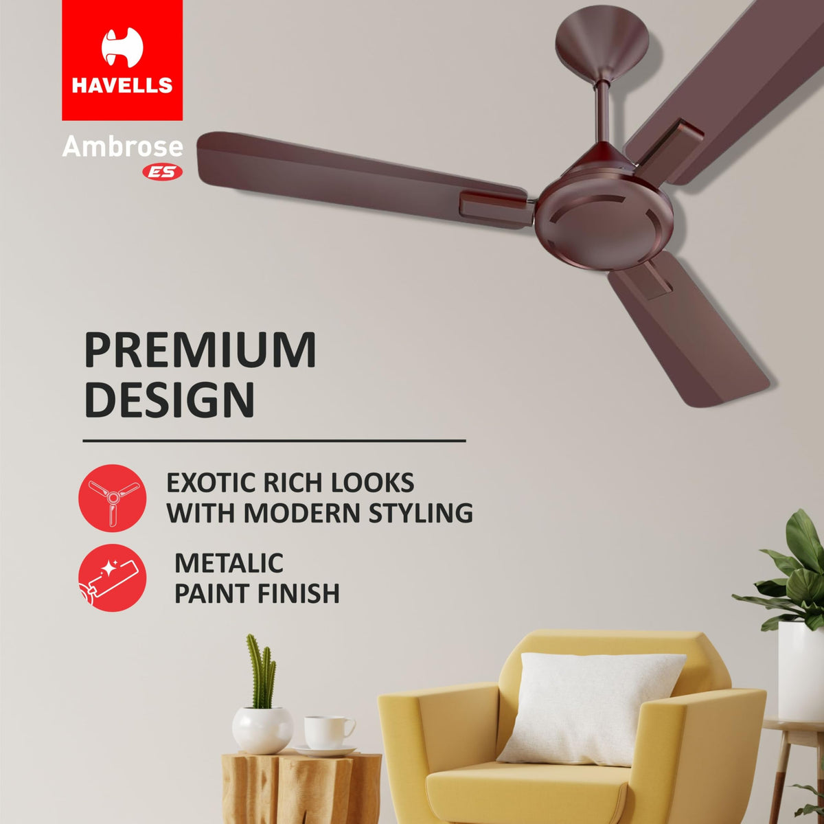 Havells 1200mm Ambrose ES Ceiling Fan|Premium Finish, Deco. Fan, Elegant Looks, High Air Delivery, Energy Saving, 100% Pure Copper Motor|2 Year Warranty by Brand (Pack of 1, Cola Espresso Brown)1 Star 