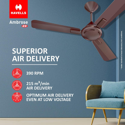 Havells 1200mm Ambrose ES Ceiling Fan|Premium Finish, Deco. Fan, Elegant Looks, High Air Delivery, Energy Saving, 100% Pure Copper Motor|2 Year Warranty by Brand (Pack of 1, Cola Espresso Brown)1 Star 