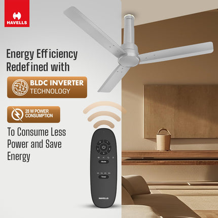Havells 1200mm Elio BLDC Ceiling Fan | Remote Controlled, High Air Delivery Fan | 5 Star Rated, Upto 60% Energy Saving, 2+1* Year Warranty | (Pack of 1, Grey) 