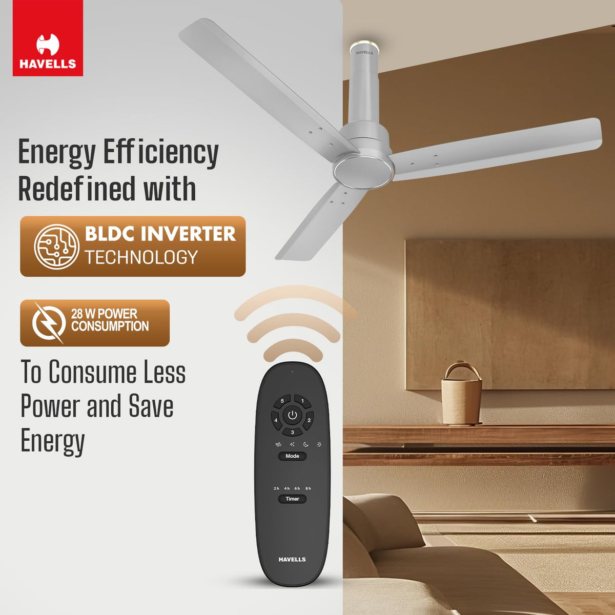 Havells 1200mm Elio BLDC Ceiling Fan | Remote Controlled, High Air Delivery Fan | 5 Star Rated, Upto 60% Energy Saving, 2+1* Year Warranty | (Pack of 1, Grey) 