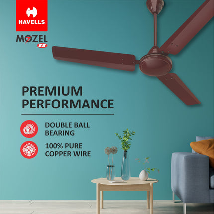 Havells 1200mm Mozel ES Ceiling Fan | Best in class base fan,High Air Delivery, Energy Saving, 100% Pure Copper Motor | 2 Year Warranty | (Pack of 1, Brown) 