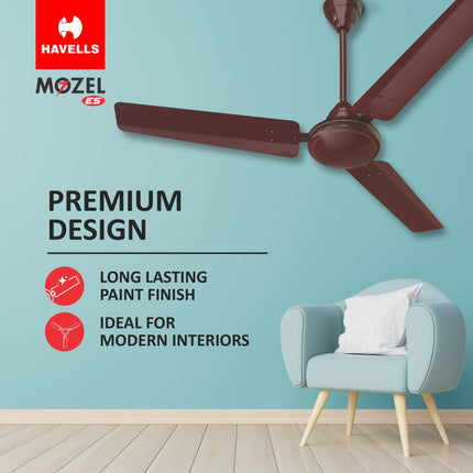 Havells 1200mm Mozel ES Ceiling Fan | Best in class base fan,High Air Delivery, Energy Saving, 100% Pure Copper Motor | 2 Year Warranty | (Pack of 1, Brown) 