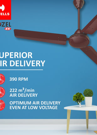 Havells 1200mm Mozel ES Ceiling Fan | Best in class base fan,High Air Delivery, Energy Saving, 100% Pure Copper Motor | 2 Year Warranty | (Pack of 1, Brown) 