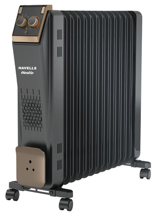 Havells 13 Fin Hestio Straight Fin OFR (Oil Filled Radiator)|Room Heater|2900 W|3 Heat Settings & PTC Fan Heater|Inclined Control Panel|Retractable Wheels| Comfortable Breathing|360° Heating (Black) 