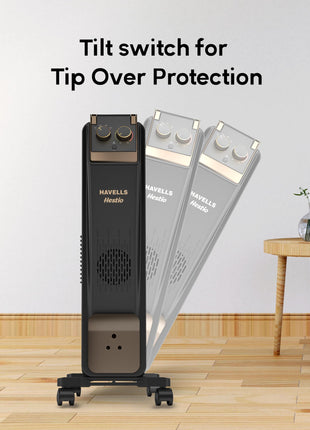 Havells 13 Fin Hestio Straight Fin OFR (Oil Filled Radiator)|Room Heater|2900 W|3 Heat Settings & PTC Fan Heater|Inclined Control Panel|Retractable Wheels| Comfortable Breathing|360° Heating (Black) 