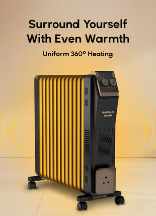 Havells 13 Fin Hestio Straight Fin OFR (Oil Filled Radiator)|Room Heater|2900 W|3 Heat Settings & PTC Fan Heater|Inclined Control Panel|Retractable Wheels| Comfortable Breathing|360° Heating (Black) 