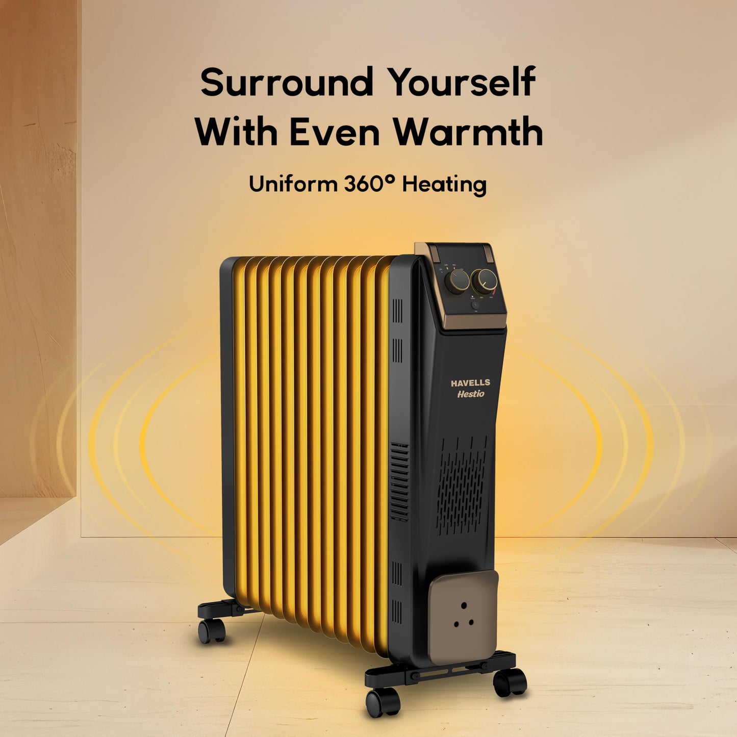 Havells 13 Fin Hestio Straight Fin OFR (Oil Filled Radiator)|Room Heater|2900 W|3 Heat Settings & PTC Fan Heater|Inclined Control Panel|Retractable Wheels| Comfortable Breathing|360° Heating (Black) 