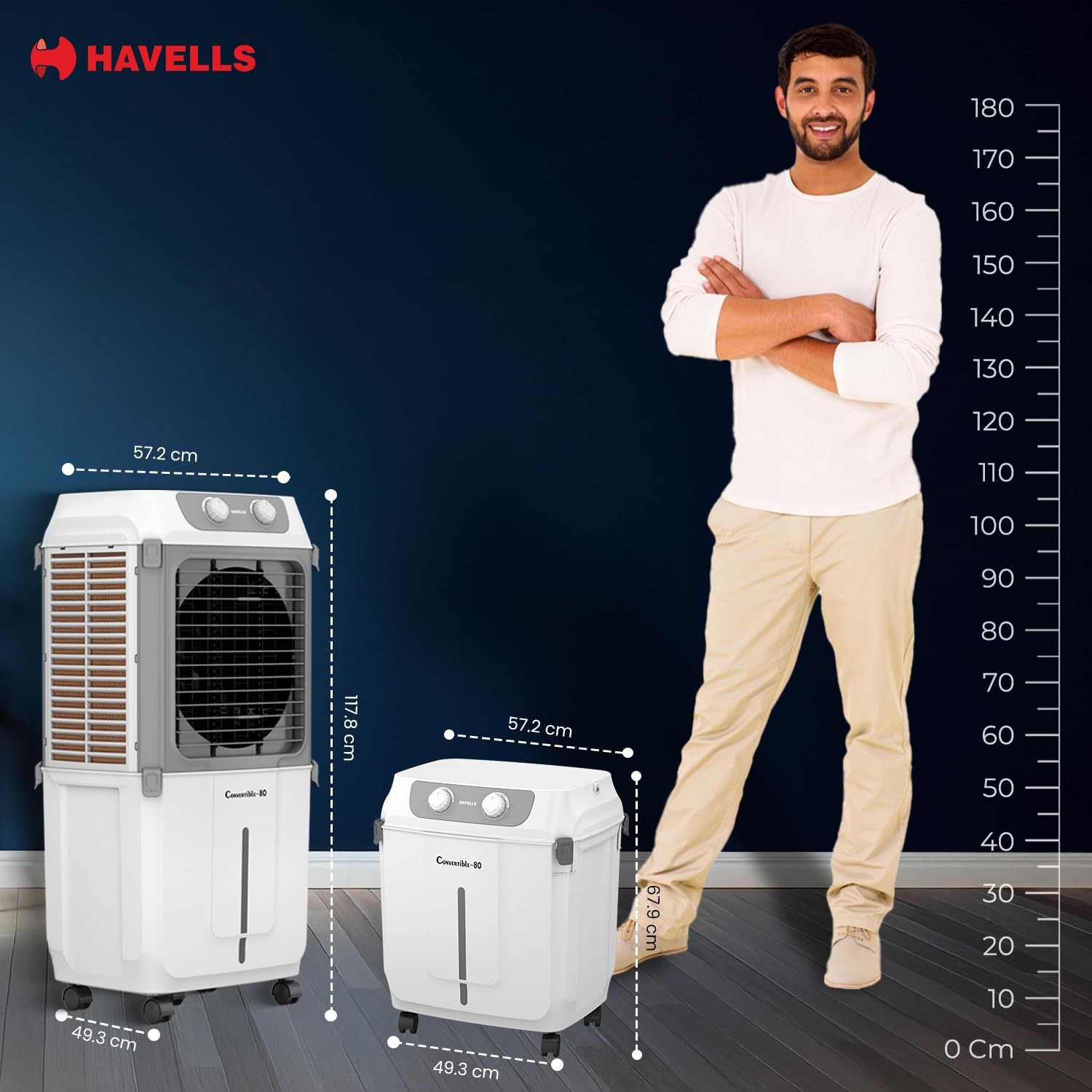 Havells 2-in-1 Convertible 80 L Desert Air Cooler for room| Dual functionality & easy storing| Can be used as side table| 5 Leaf Metal Blade Fan| Powerful Air-Delivery| Bacteria shield honeycomb pads 