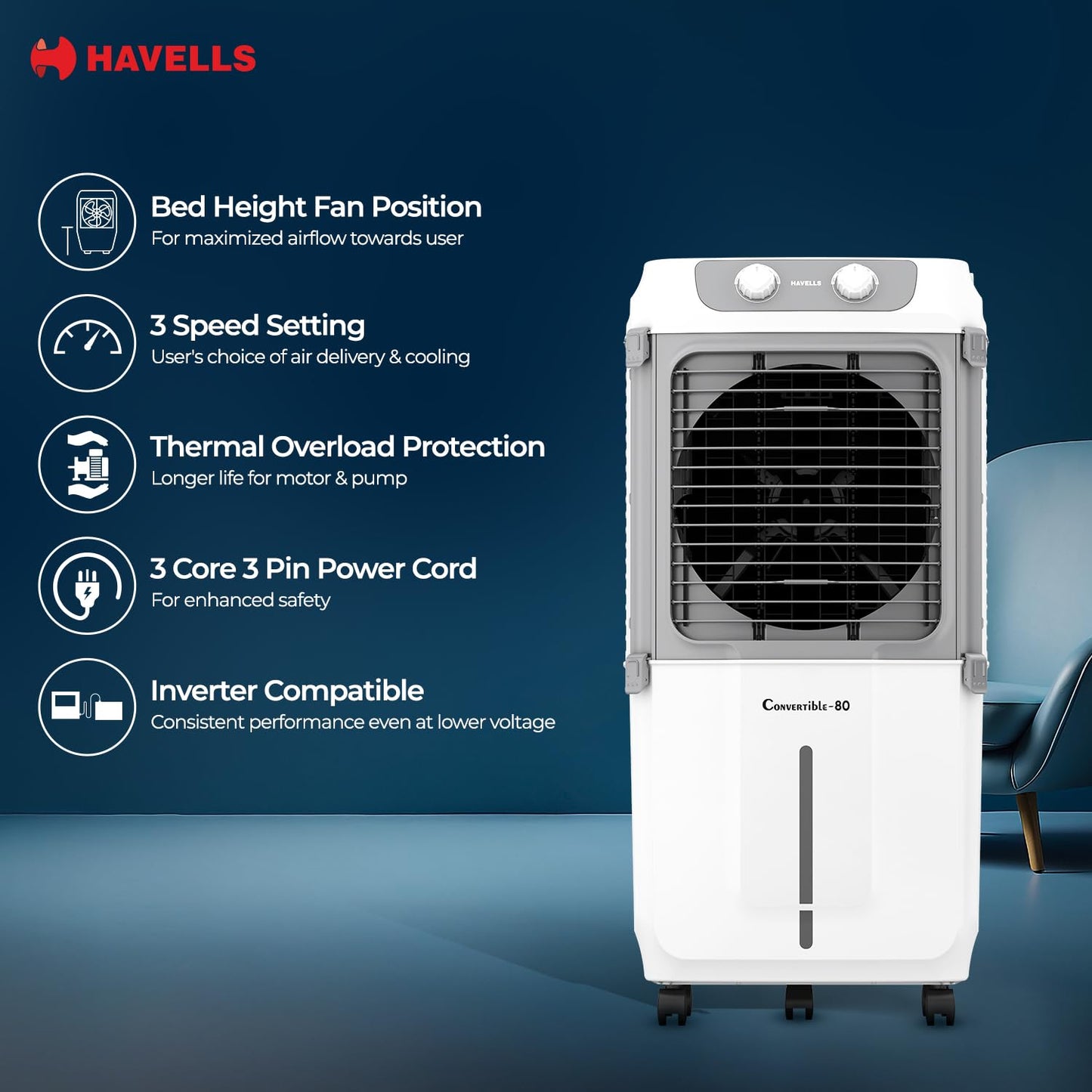 Havells 2-in-1 Convertible 80 L Desert Air Cooler for room| Dual functionality & easy storing| Can be used as side table| 5 Leaf Metal Blade Fan| Powerful Air-Delivery| Bacteria shield honeycomb pads 