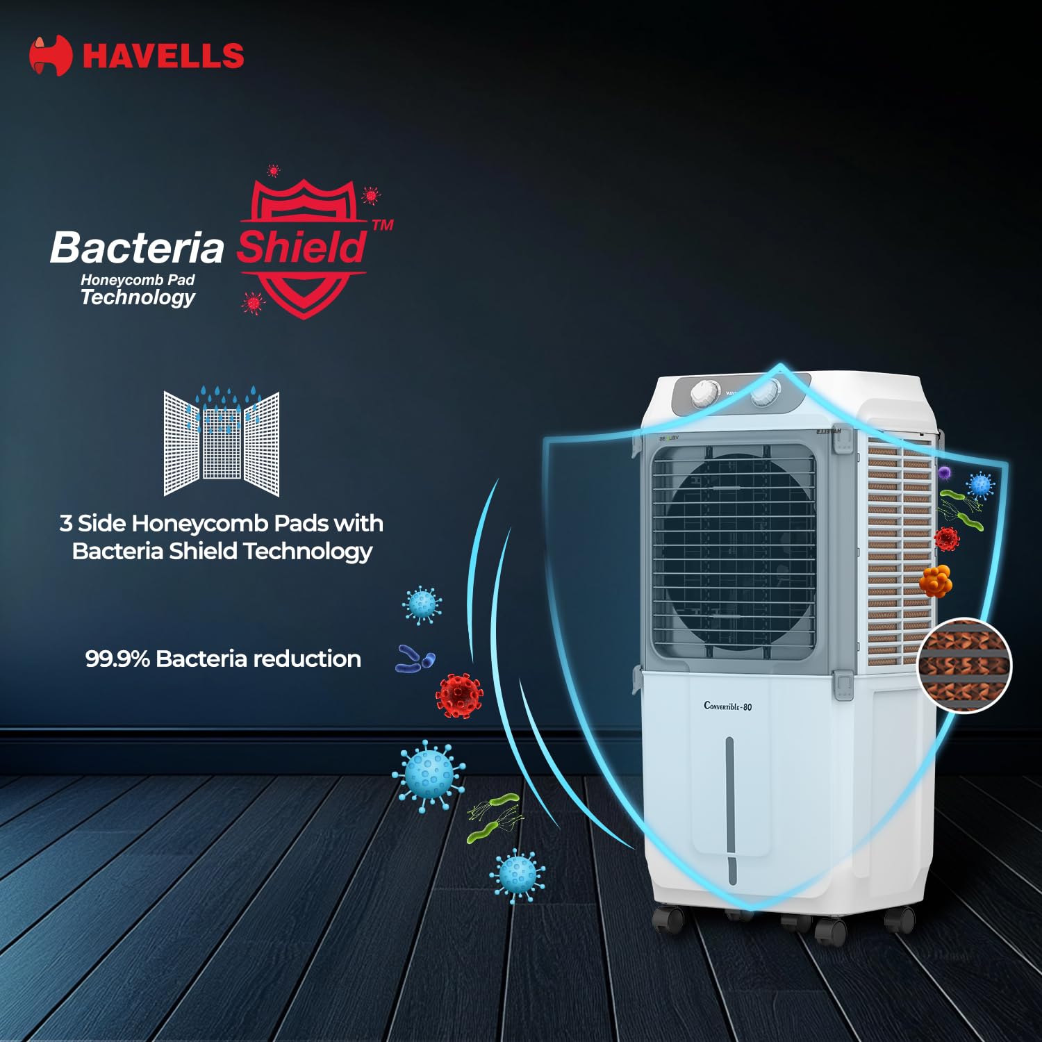 Havells 2-in-1 Convertible 80 L Desert Air Cooler for room| Dual functionality & easy storing| Can be used as side table| 5 Leaf Metal Blade Fan| Powerful Air-Delivery| Bacteria shield honeycomb pads 
