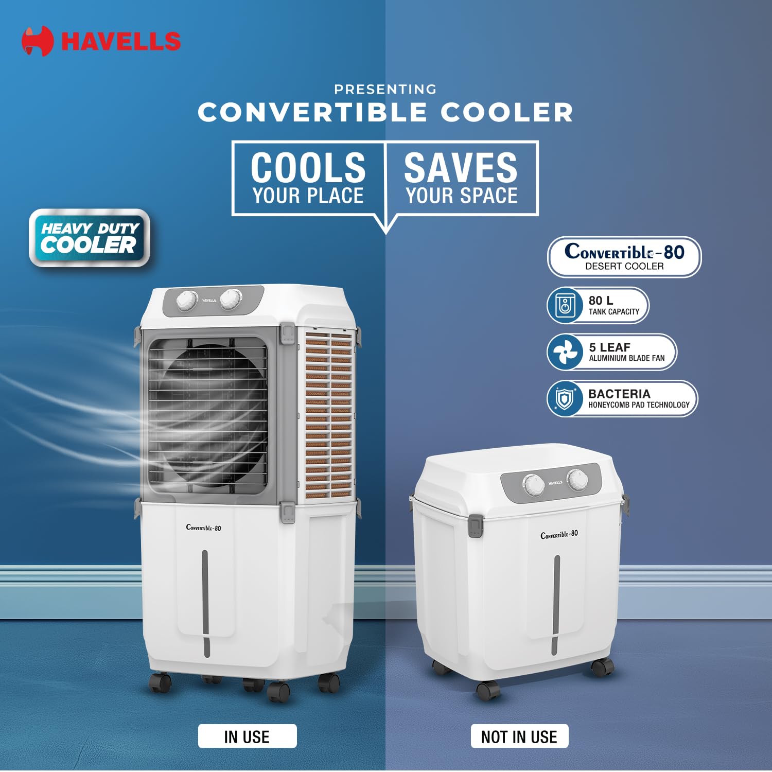 Havells 2-in-1 Convertible 80 L Desert Air Cooler for room| Dual functionality & easy storing| Can be used as side table| 5 Leaf Metal Blade Fan| Powerful Air-Delivery| Bacteria shield honeycomb pads 