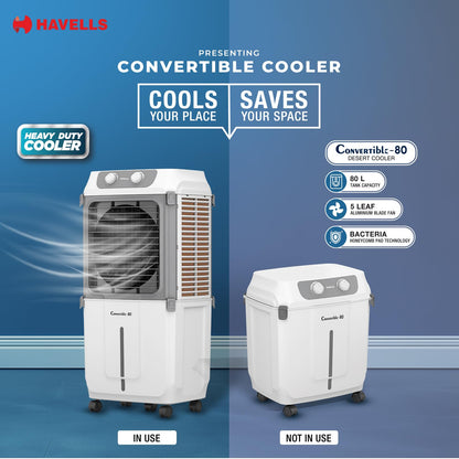 Havells 2-in-1 Convertible 80 L Desert Air Cooler for room| Dual functionality & easy storing| Can be used as side table| 5 Leaf Metal Blade Fan| Powerful Air-Delivery| Bacteria shield honeycomb pads 