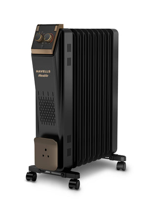 Havells 9 Fin Hestio Straight Fin OFR (Oil Filled Radiator)|Room Heater|2400 W|3 Heat Settings & PTC Fan Heater|Inclined Control Panel|Retractable Wheels| Comfortable Breathing|360° Heating (Black) 