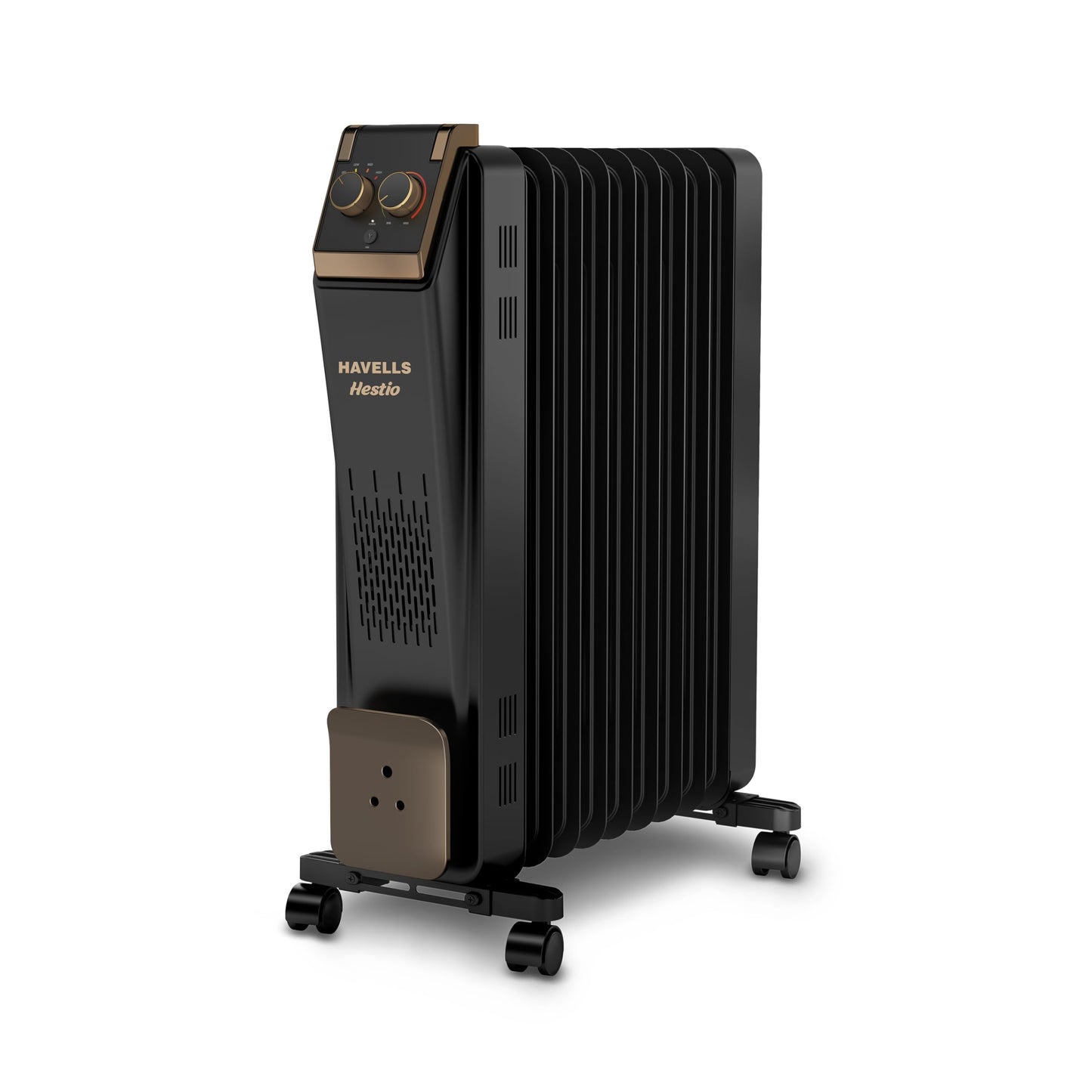 Havells 9 Fin Hestio Straight Fin OFR (Oil Filled Radiator)|Room Heater|2400 W|3 Heat Settings & PTC Fan Heater|Inclined Control Panel|Retractable Wheels| Comfortable Breathing|360° Heating (Black) 