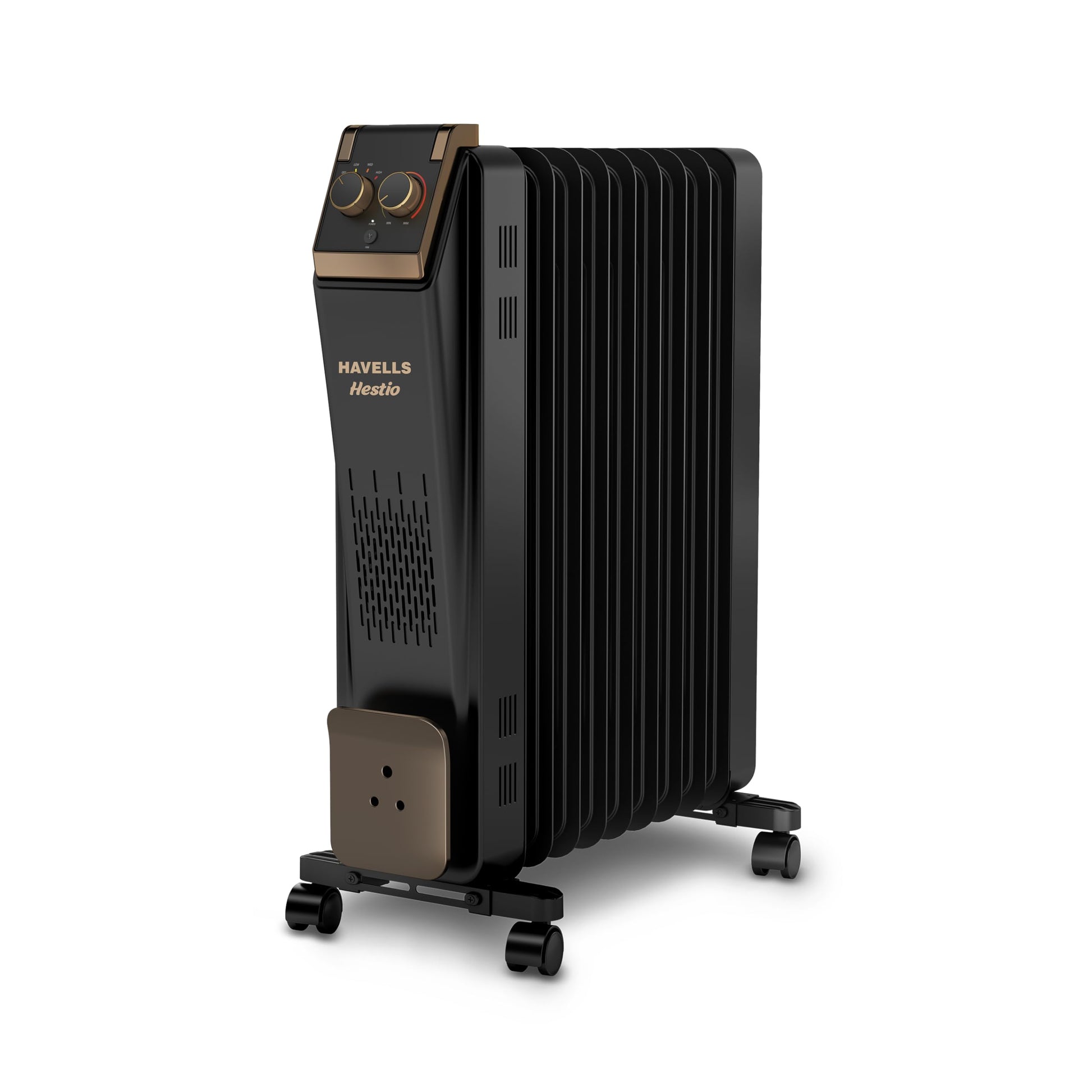 Havells 9 Fin Hestio Straight Fin OFR (Oil Filled Radiator)|Room Heater|2400 W|3 Heat Settings & PTC Fan Heater|Inclined Control Panel|Retractable Wheels| Comfortable Breathing|360° Heating (Black) 