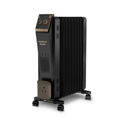 Havells 9 Fin Hestio Straight Fin OFR (Oil Filled Radiator)|Room Heater|2400 W|3 Heat Settings & PTC Fan Heater|Inclined Control Panel|Retractable Wheels| Comfortable Breathing|360° Heating (Black) 
