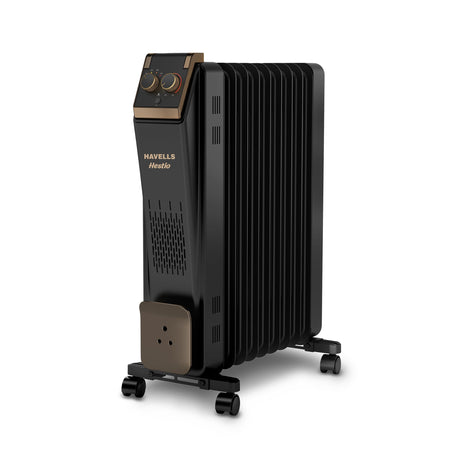 Havells 9 Fin Hestio Straight Fin OFR (Oil Filled Radiator)|Room Heater|2400 W|3 Heat Settings & PTC Fan Heater|Inclined Control Panel|Retractable Wheels| Comfortable Breathing|360° Heating (Black) 