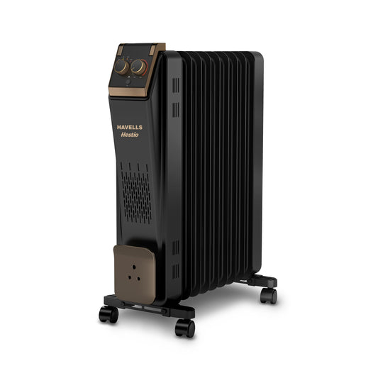 Havells 9 Fin Hestio Straight Fin OFR (Oil Filled Radiator)|Room Heater|2400 W|3 Heat Settings & PTC Fan Heater|Inclined Control Panel|Retractable Wheels| Comfortable Breathing|360° Heating (Black) 