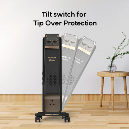 Havells 9 Fin Hestio Straight Fin OFR (Oil Filled Radiator)|Room Heater|2400 W|3 Heat Settings & PTC Fan Heater|Inclined Control Panel|Retractable Wheels| Comfortable Breathing|360° Heating (Black) 