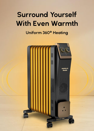 Havells 9 Fin Hestio Straight Fin OFR (Oil Filled Radiator)|Room Heater|2400 W|3 Heat Settings & PTC Fan Heater|Inclined Control Panel|Retractable Wheels| Comfortable Breathing|360° Heating (Black) 