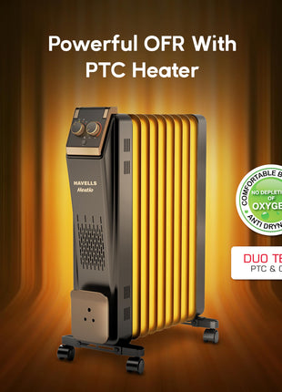 Havells 9 Fin Hestio Straight Fin OFR (Oil Filled Radiator)|Room Heater|2400 W|3 Heat Settings & PTC Fan Heater|Inclined Control Panel|Retractable Wheels| Comfortable Breathing|360° Heating (Black) 