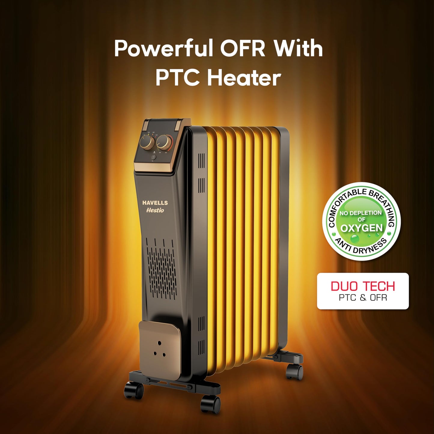 Havells 9 Fin Hestio Straight Fin OFR (Oil Filled Radiator)|Room Heater|2400 W|3 Heat Settings & PTC Fan Heater|Inclined Control Panel|Retractable Wheels| Comfortable Breathing|360° Heating (Black) 