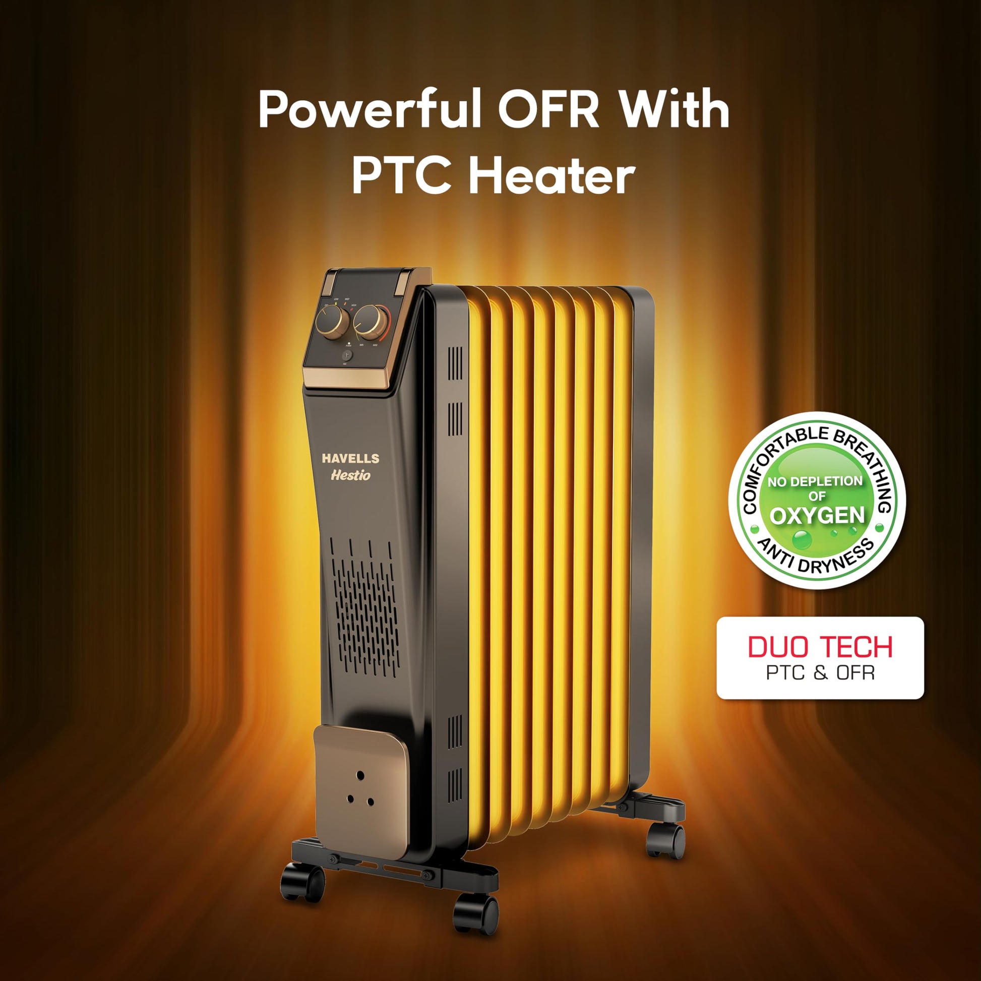 Havells 9 Fin Hestio Straight Fin OFR (Oil Filled Radiator)|Room Heater|2400 W|3 Heat Settings & PTC Fan Heater|Inclined Control Panel|Retractable Wheels| Comfortable Breathing|360° Heating (Black) 