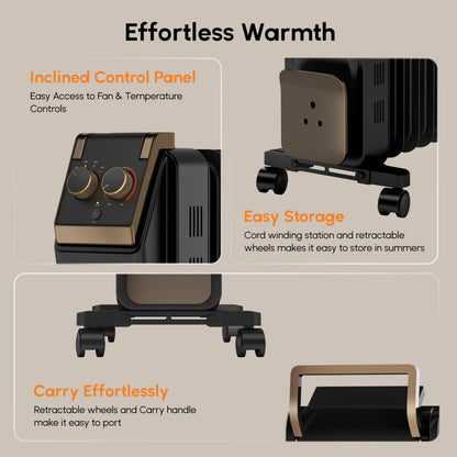 Havells 9 Fin Hestio Straight Fin OFR (Oil Filled Radiator)|Room Heater|2400 W|3 Heat Settings & PTC Fan Heater|Inclined Control Panel|Retractable Wheels| Comfortable Breathing|360° Heating (Black) 