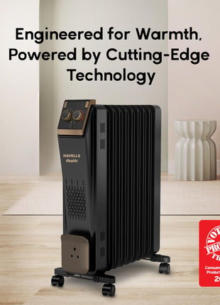 Havells 9 Fin Hestio Straight Fin OFR (Oil Filled Radiator)|Room Heater|2400 W|3 Heat Settings & PTC Fan Heater|Inclined Control Panel|Retractable Wheels| Comfortable Breathing|360° Heating (Black) 