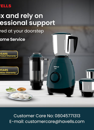 Havells ABS ESO 750W 4 JAR Mixer Grinder, Heavy and Wider Mouth SS Blades & Jars, All Jars with Handle & One Juicer Jar, Mixie For Kitchen, 2 Year Product & 5 Year Motor Manufacturer Warranty (Teal) 