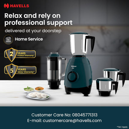 Havells ABS ESO 750W 4 JAR Mixer Grinder, Heavy and Wider Mouth SS Blades & Jars, All Jars with Handle & One Juicer Jar, Mixie For Kitchen, 2 Year Product & 5 Year Motor Manufacturer Warranty (Teal) 