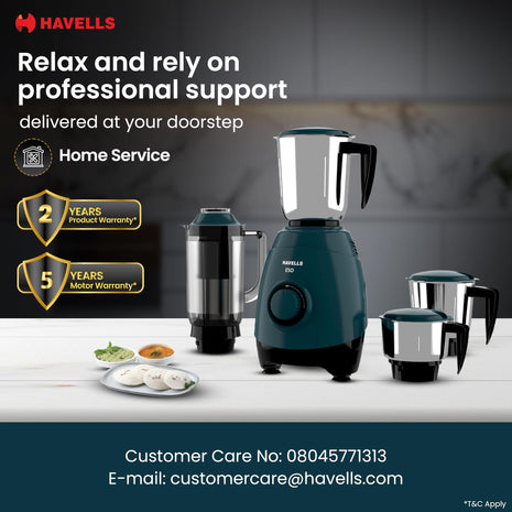 Havells ABS ESO 750W 4 JAR Mixer Grinder, Heavy and Wider Mouth SS Blades & Jars, All Jars with Handle & One Juicer Jar, Mixie For Kitchen, 2 Year Product & 5 Year Motor Manufacturer Warranty (Teal) 