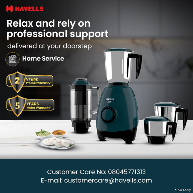 Havells ABS ESO 750W 4 JAR Mixer Grinder, Heavy and Wider Mouth SS Blades & Jars, All Jars with Handle & One Juicer Jar, Mixie For Kitchen, 2 Year Product & 5 Year Motor Manufacturer Warranty (Teal) 