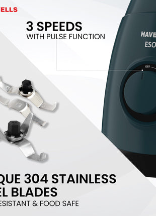 Havells ABS ESO 750W 4 JAR Mixer Grinder, Heavy and Wider Mouth SS Blades & Jars, All Jars with Handle & One Juicer Jar, Mixie For Kitchen, 2 Year Product & 5 Year Motor Manufacturer Warranty (Teal) 