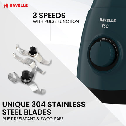 Havells ABS ESO 750W 4 JAR Mixer Grinder, Heavy and Wider Mouth SS Blades & Jars, All Jars with Handle & One Juicer Jar, Mixie For Kitchen, 2 Year Product & 5 Year Motor Manufacturer Warranty (Teal) 