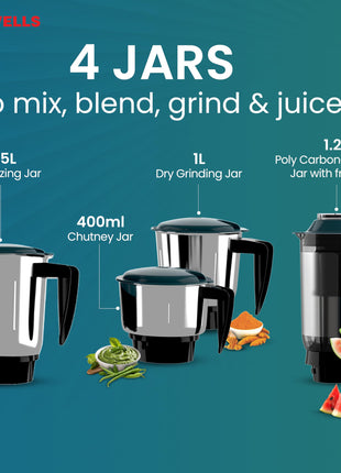 Havells ABS ESO 750W 4 JAR Mixer Grinder, Heavy and Wider Mouth SS Blades & Jars, All Jars with Handle & One Juicer Jar, Mixie For Kitchen, 2 Year Product & 5 Year Motor Manufacturer Warranty (Teal) 