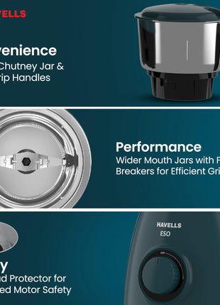 Havells ABS ESO 750W 4 JAR Mixer Grinder, Heavy and Wider Mouth SS Blades & Jars, All Jars with Handle & One Juicer Jar, Mixie For Kitchen, 2 Year Product & 5 Year Motor Manufacturer Warranty (Teal) 