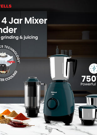 Havells ABS ESO 750W 4 JAR Mixer Grinder, Heavy and Wider Mouth SS Blades & Jars, All Jars with Handle & One Juicer Jar, Mixie For Kitchen, 2 Year Product & 5 Year Motor Manufacturer Warranty (Teal) 
