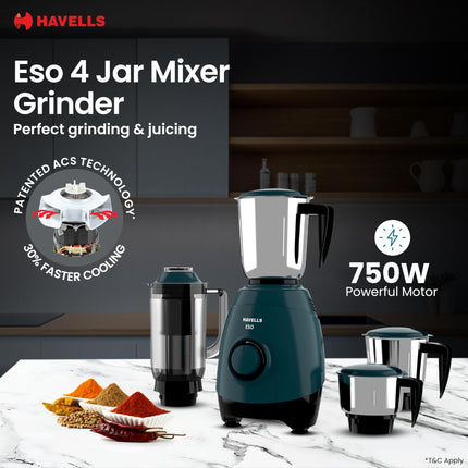 Havells ABS ESO 750W 4 JAR Mixer Grinder, Heavy and Wider Mouth SS Blades & Jars, All Jars with Handle & One Juicer Jar, Mixie For Kitchen, 2 Year Product & 5 Year Motor Manufacturer Warranty (Teal) 