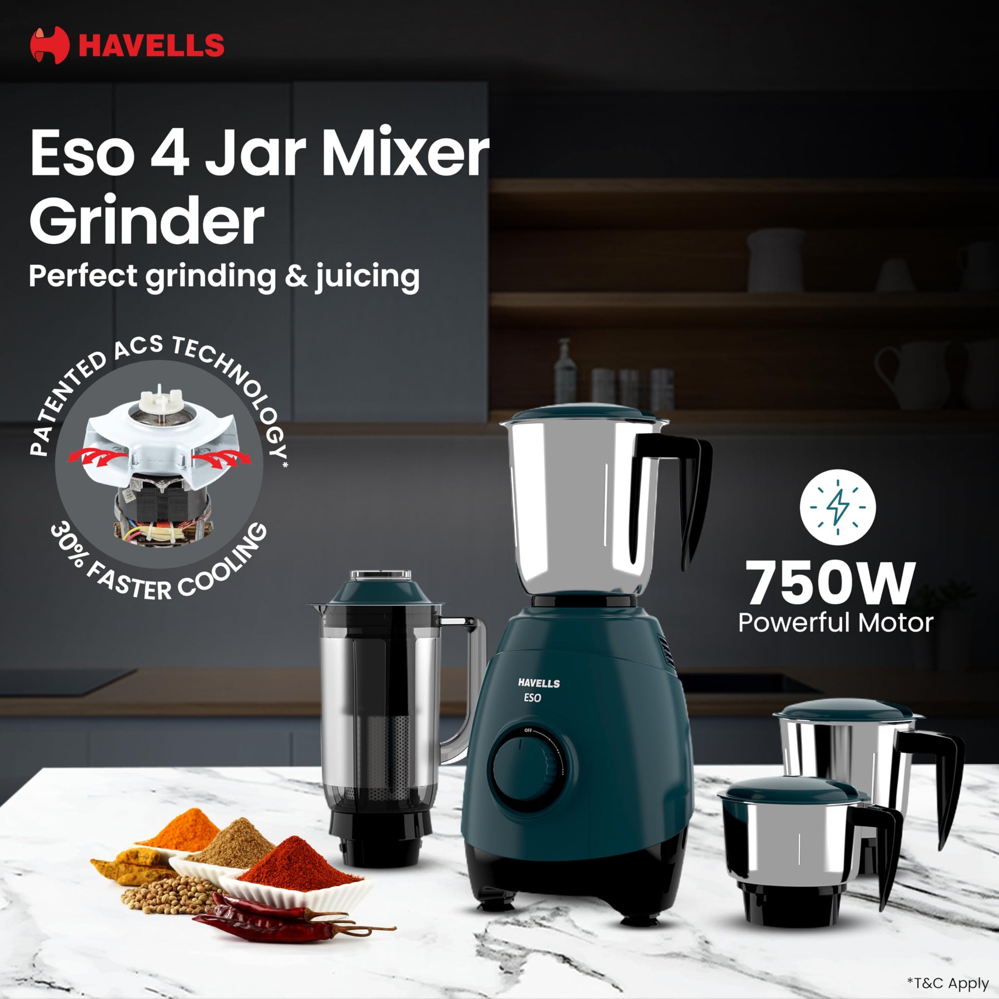 Havells ABS ESO 750W 4 JAR Mixer Grinder, Heavy and Wider Mouth SS Blades & Jars, All Jars with Handle & One Juicer Jar, Mixie For Kitchen, 2 Year Product & 5 Year Motor Manufacturer Warranty (Teal) 