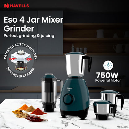 Havells ABS ESO 750W 4 JAR Mixer Grinder, Heavy and Wider Mouth SS Blades & Jars, All Jars with Handle & One Juicer Jar, Mixie For Kitchen, 2 Year Product & 5 Year Motor Manufacturer Warranty (Teal) 