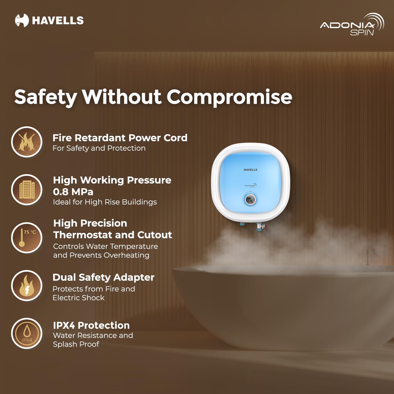 Havells All New Adonia Spin 25L 5 Star Storage Water Heater(Geyser)|Faster Heating|Safe to use|Saves electricity|Feroglas Coated Anti Rust Tank| Temp. setting knob|7 Yr. Tank Warranty| Made In India 