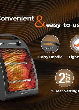 Havells Bero Quartz Heater Black 800 watt 2 Heat Settings 2 Year Product Warranty 