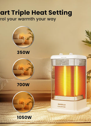 Havells Calenter 1050 Watt Room Heater With 3 Carbon Heating Tube| 3 Heat Setting| Tip Over Switch Protection| 3 Direction Heating| Upto 120min. Timer Setting| 2 Years Manufacturer Warranty (White) 
