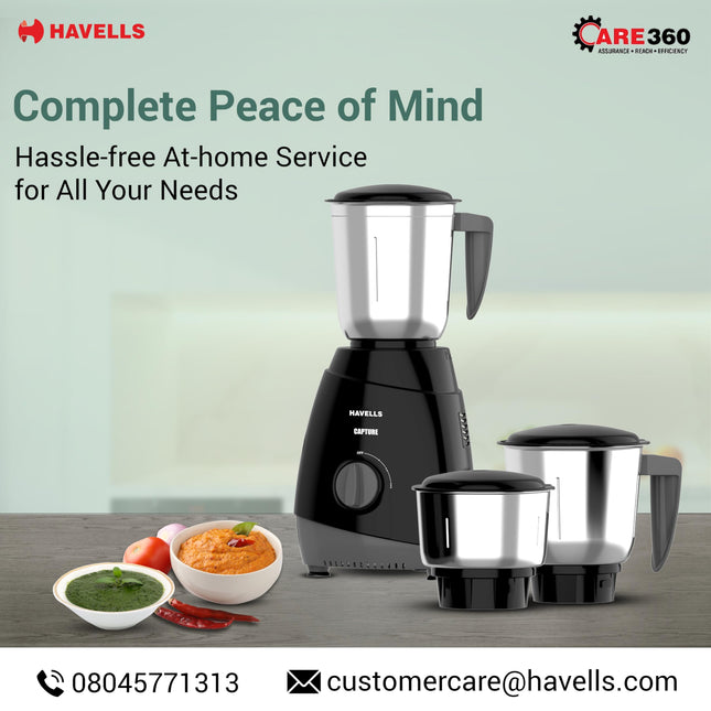 Havells Capture 500 Watts 3 Jar Mixer Grinder|High Speed Mixie 21000 RPM Motor|Rust Resistant 304SS Blades| 1.5 Ltr Bigger Size Blending Jar| 1 Yr Manufacturer Warranty | Overheat Protection (Black) 