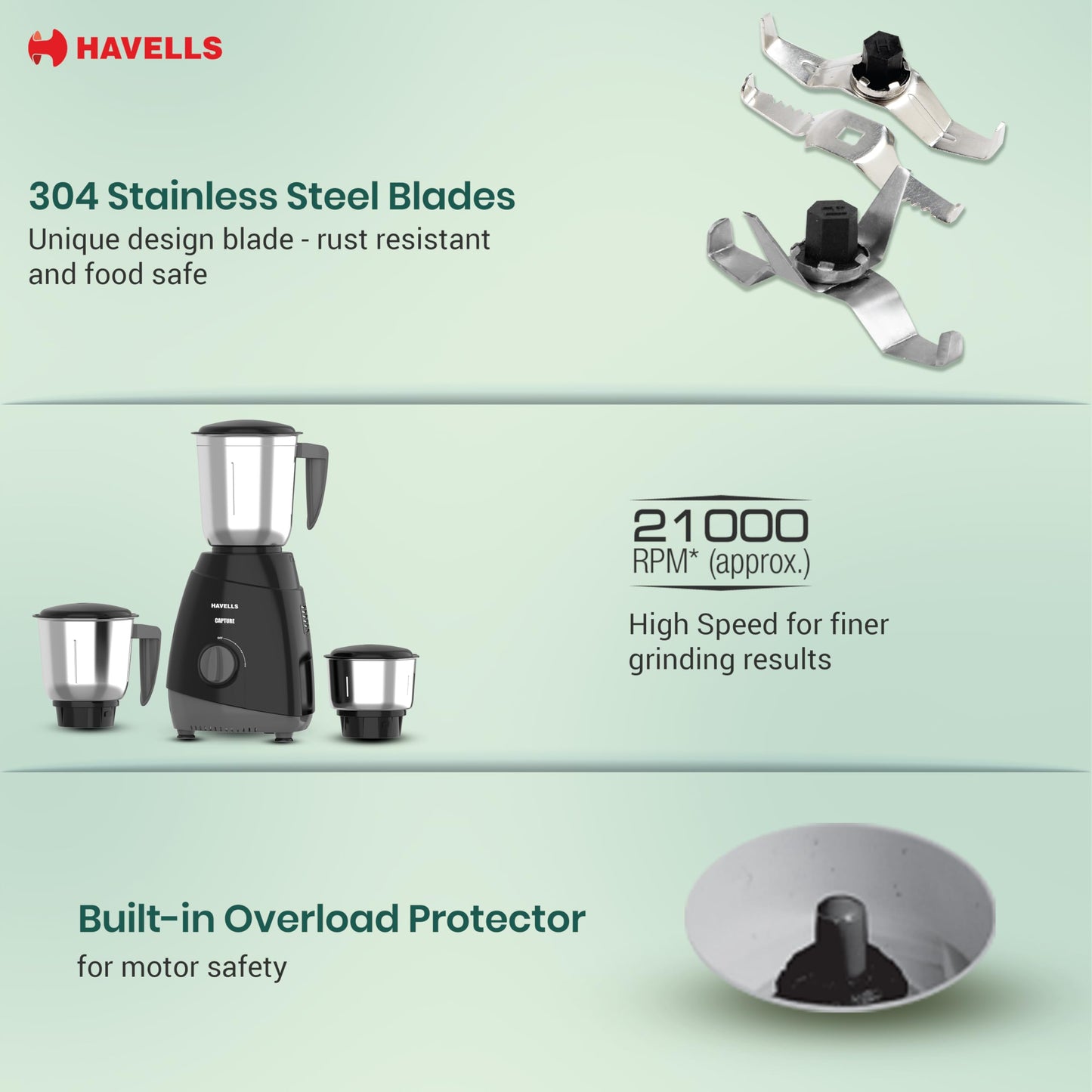 Havells Capture 500 Watts 3 Jar Mixer Grinder|High Speed Mixie 21000 RPM Motor|Rust Resistant 304SS Blades| 1.5 Ltr Bigger Size Blending Jar| 1 Yr Manufacturer Warranty | Overheat Protection (Black) 