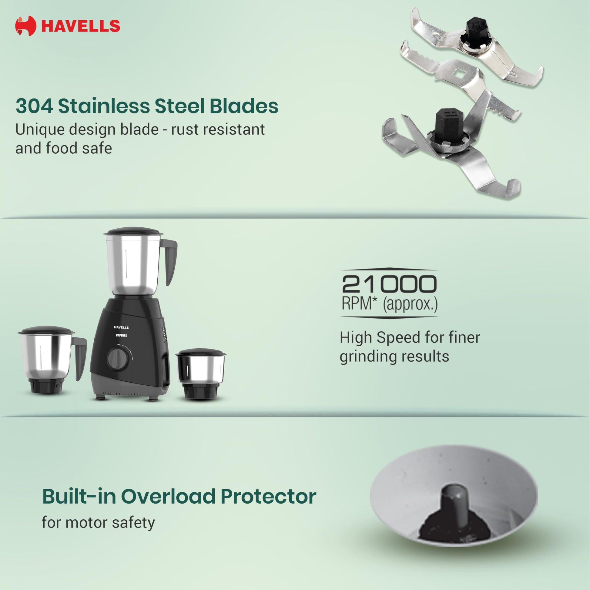 Havells Capture 500 Watts 3 Jar Mixer Grinder|High Speed Mixie 21000 RPM Motor|Rust Resistant 304SS Blades| 1.5 Ltr Bigger Size Blending Jar| 1 Yr Manufacturer Warranty | Overheat Protection (Black) 